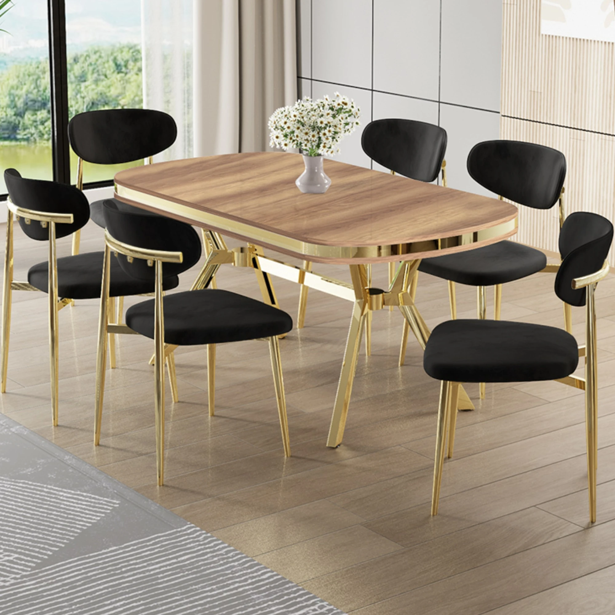 Hazar Masa Siyah Sandalye Ayaklar Gold