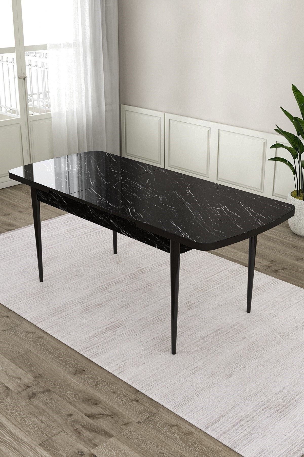 Kar Serisi 80X132 Mdf Açılabilir Siyah Mermer Desen Masa Takımı Ve 4 Sandalye
