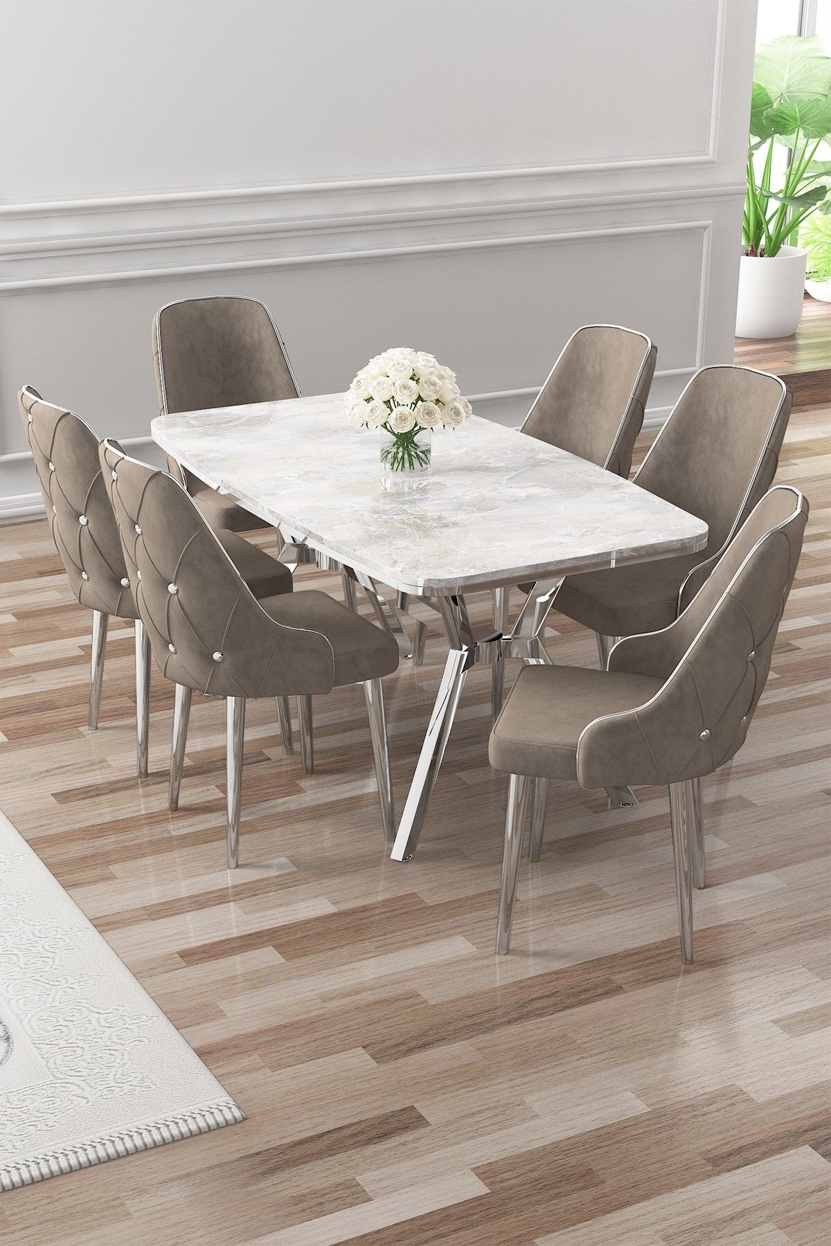 Asel Serisi 90x160 Lak Panel Rampla Gri Masa ve 6 Sandalye Krom Kaplama Ayak