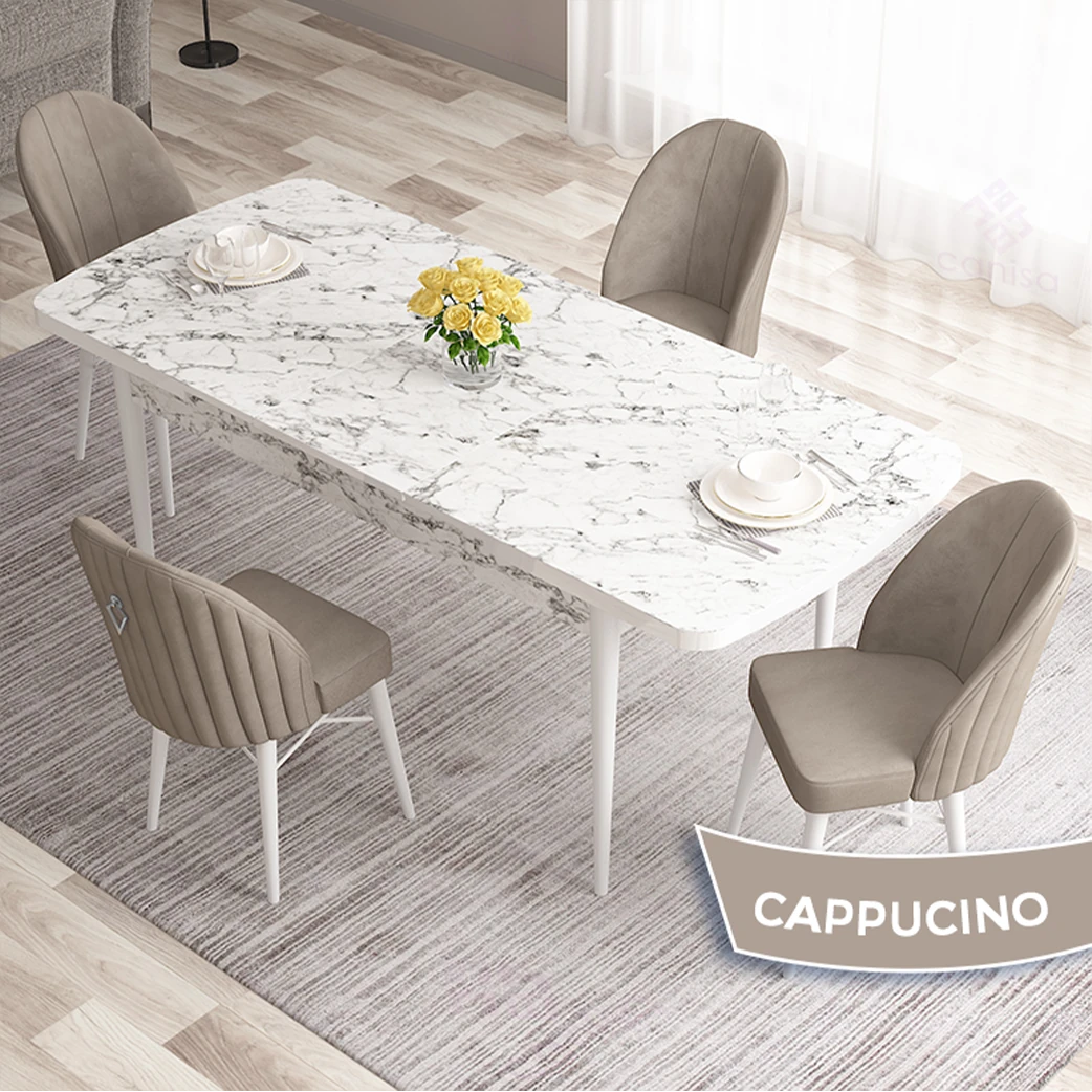 Roz Serisi 80x132 Mdf Açılabilir Gümüş Halka Beyaz Mermer Desen Masa Takımı Ve 4 Sandalye