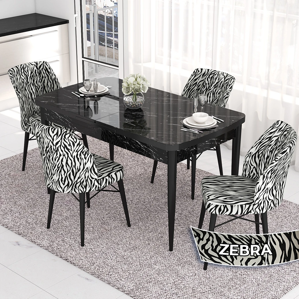 Masa Siyah Mermer Desen Zebra Sandalye