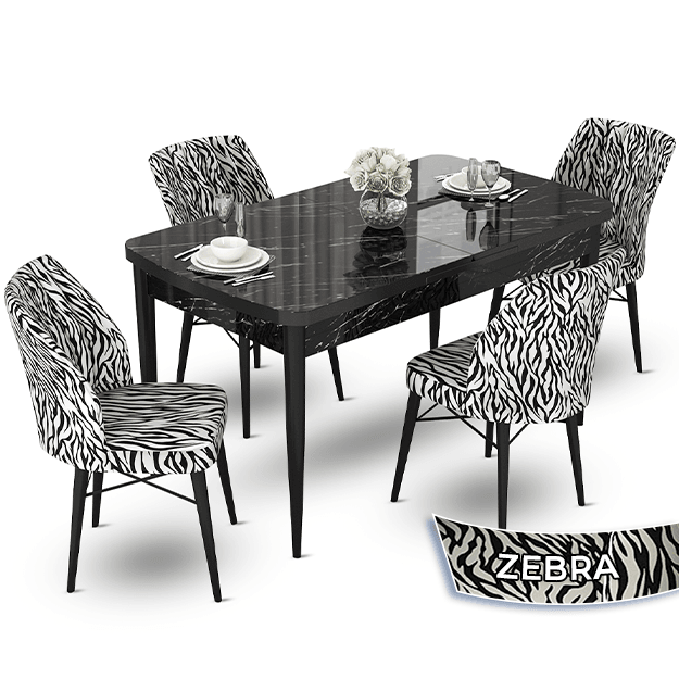 masa siyah mermer desen sandalye zebra desen