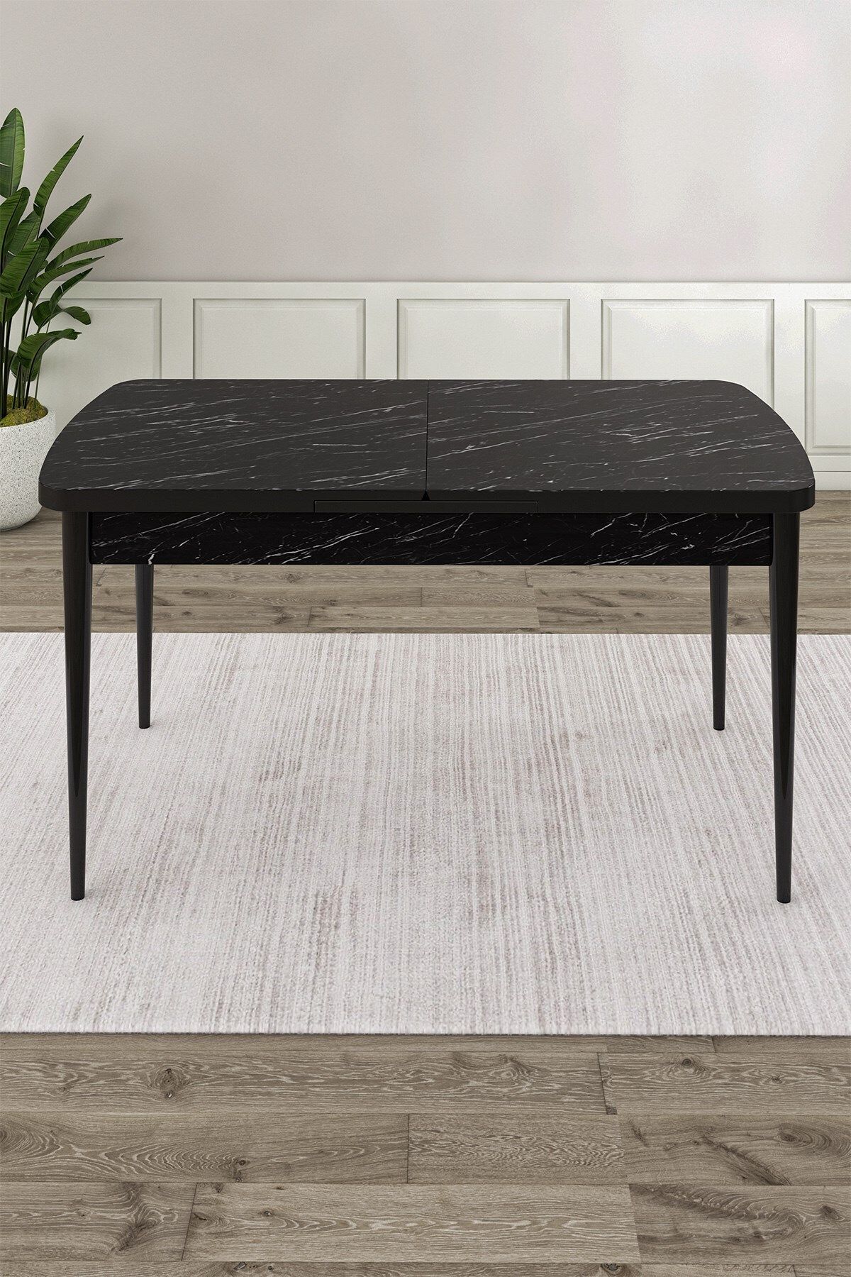 Exve Serisi 80x132 Açılabilir Siyah Mermer Desen Masa Takımı ve 6 Sandalye