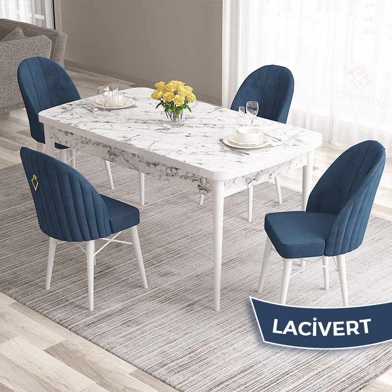 beyaz mermer desen masa, lacivert sandalye
