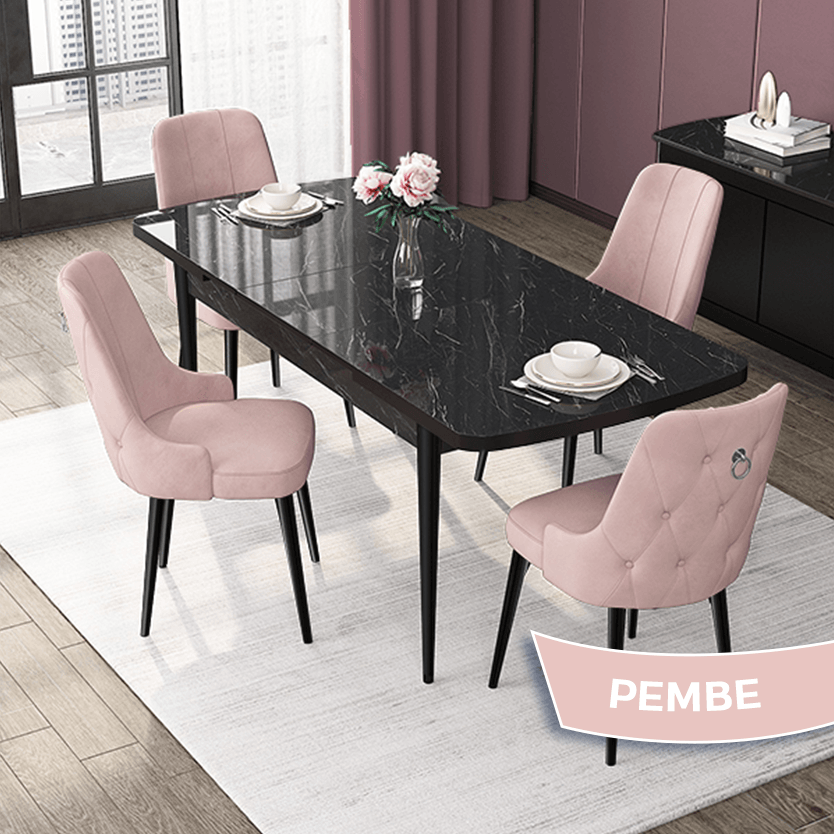Pembe Sandalye Siyah Mermer Desen Masa