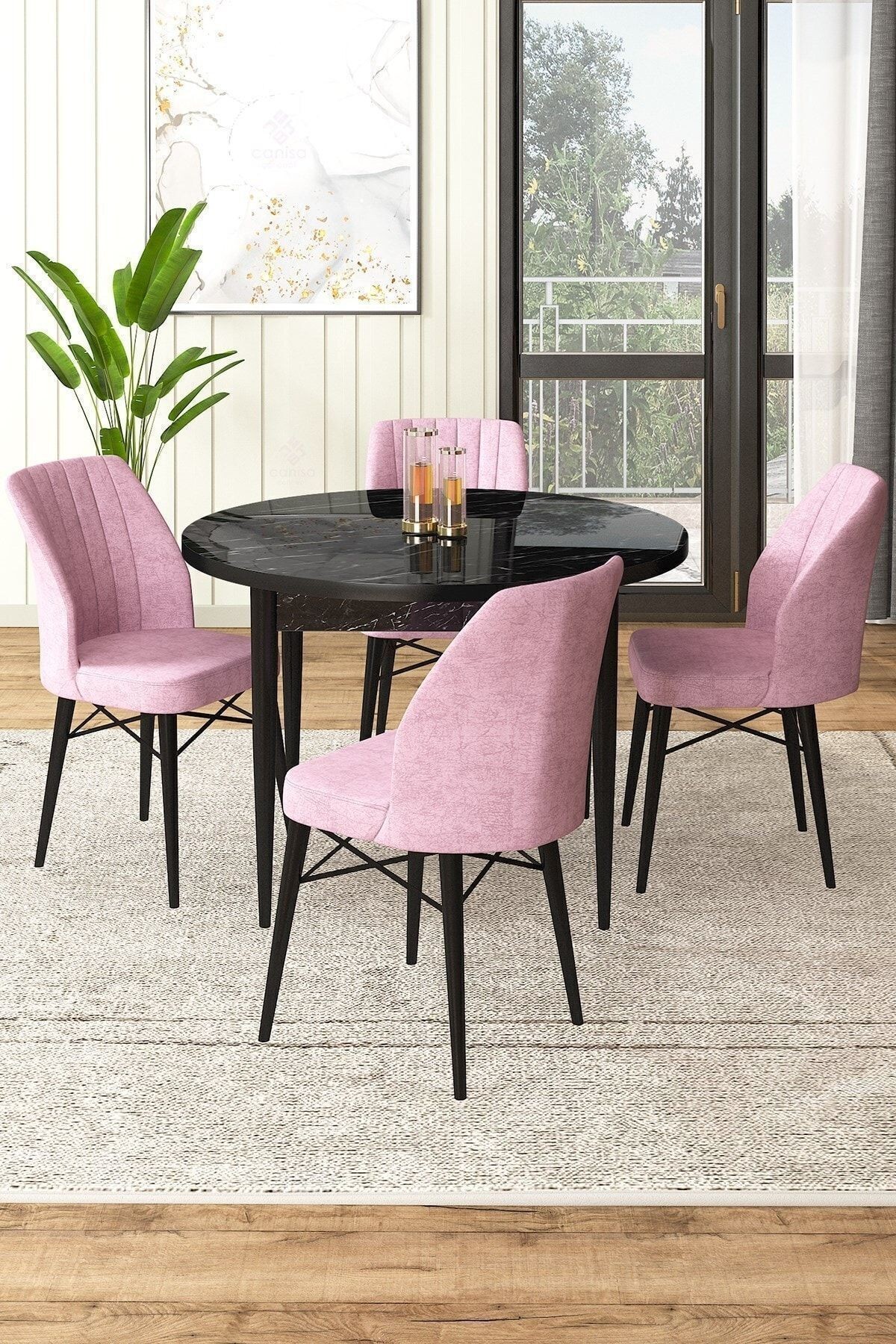 Pembe Sandalye Siyah Mermer Desen Masa