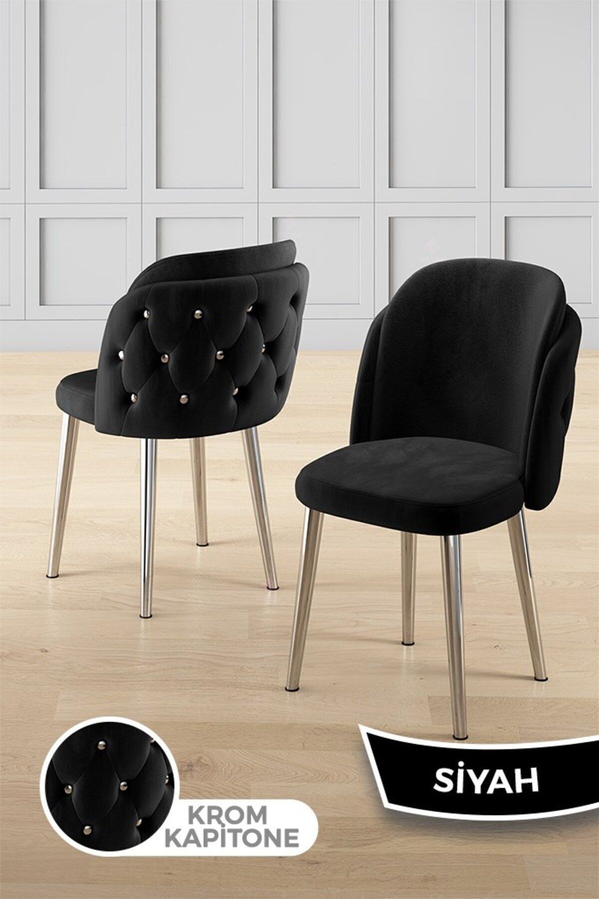 Zae Serisi 90x168 Lak Panel Antrasit İroni Masa ve 6 Sandalye Krom Kaplama Ayak