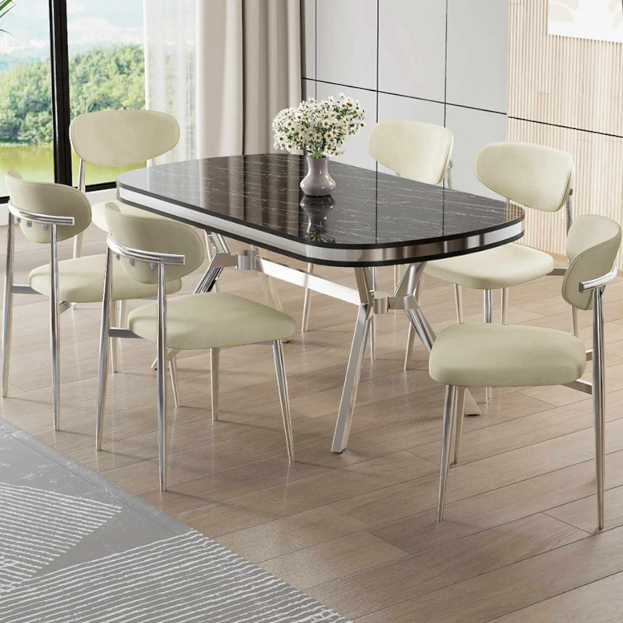 Olya Serisi 90x168 Lak Panel Sonata Masa Takımı Krom Ayaklı 6 Sandalye