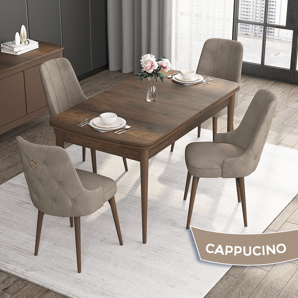 Noa Serisi 80x132 Mdf Açılabilir Gold Halka Barok Ahşap Desen Masa Takımı Ve 4 Sandalye