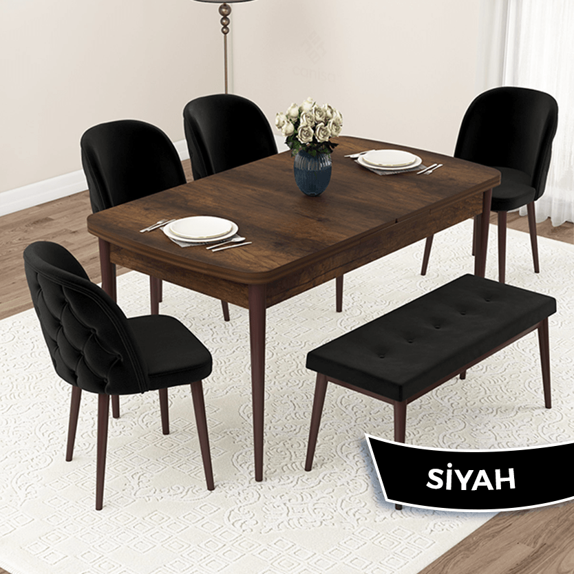 Siyah Sandalye Barok Ahşap Desen Masa