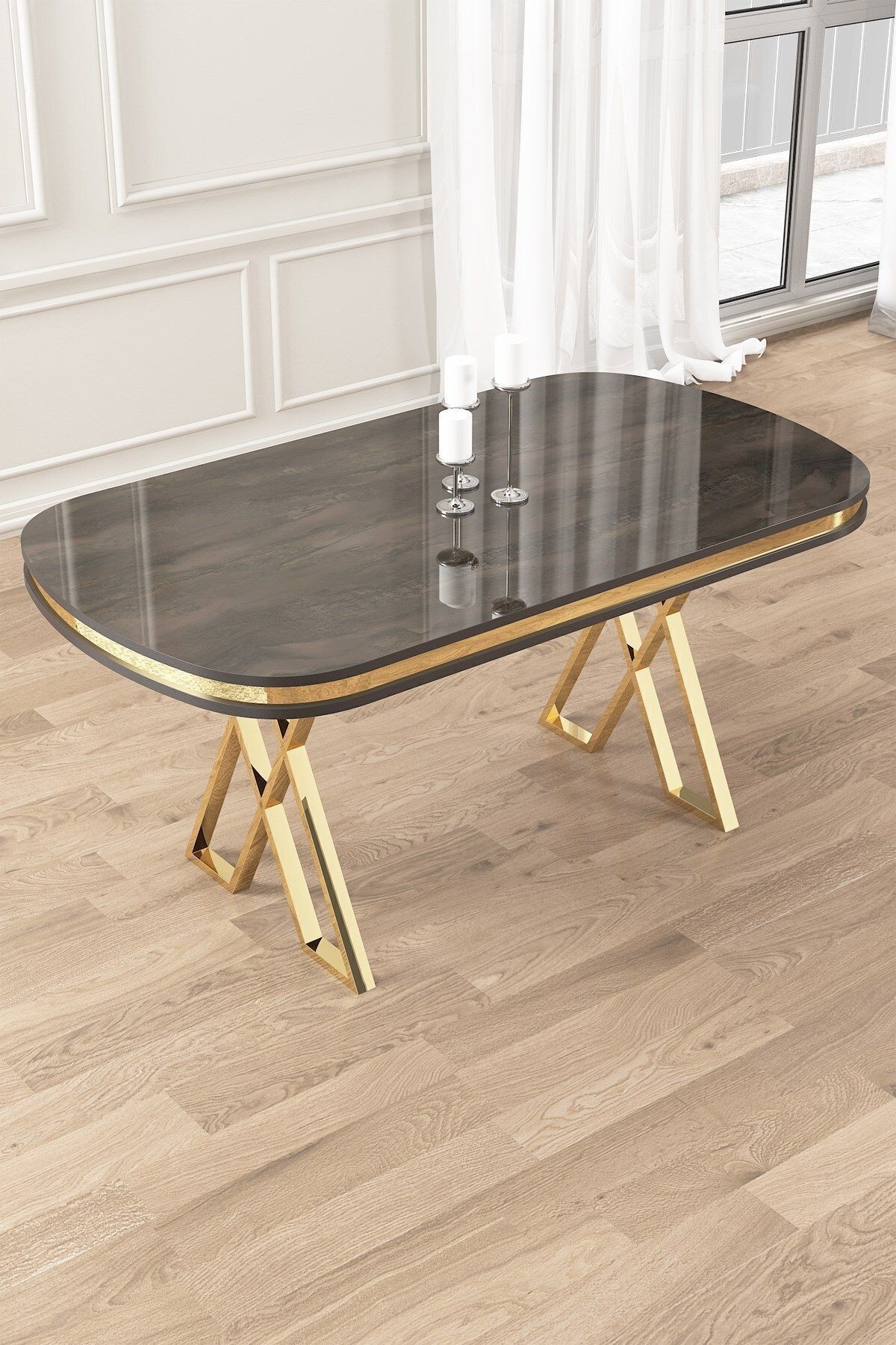 Afe Serisi 90x168 Lak Panel Antrasit İroni Masa ve 6 Sandalye Gold Kaplama Ayak