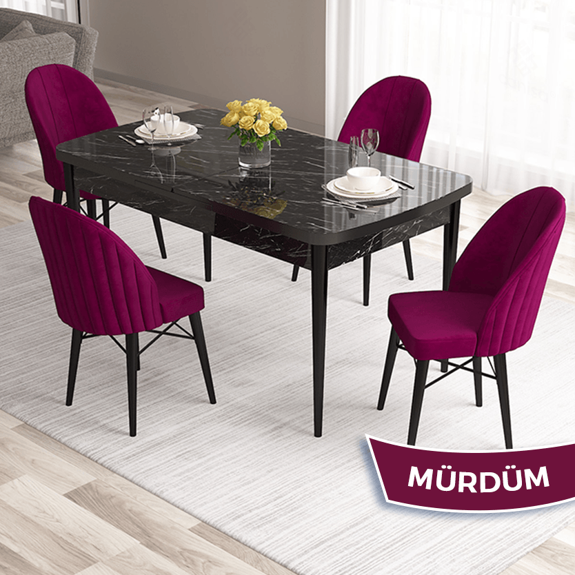 Ves Serisi 80x132 Açılabilir Mdf Siyah Mermer Desen Masa Takımı Ve 4 Sandalye