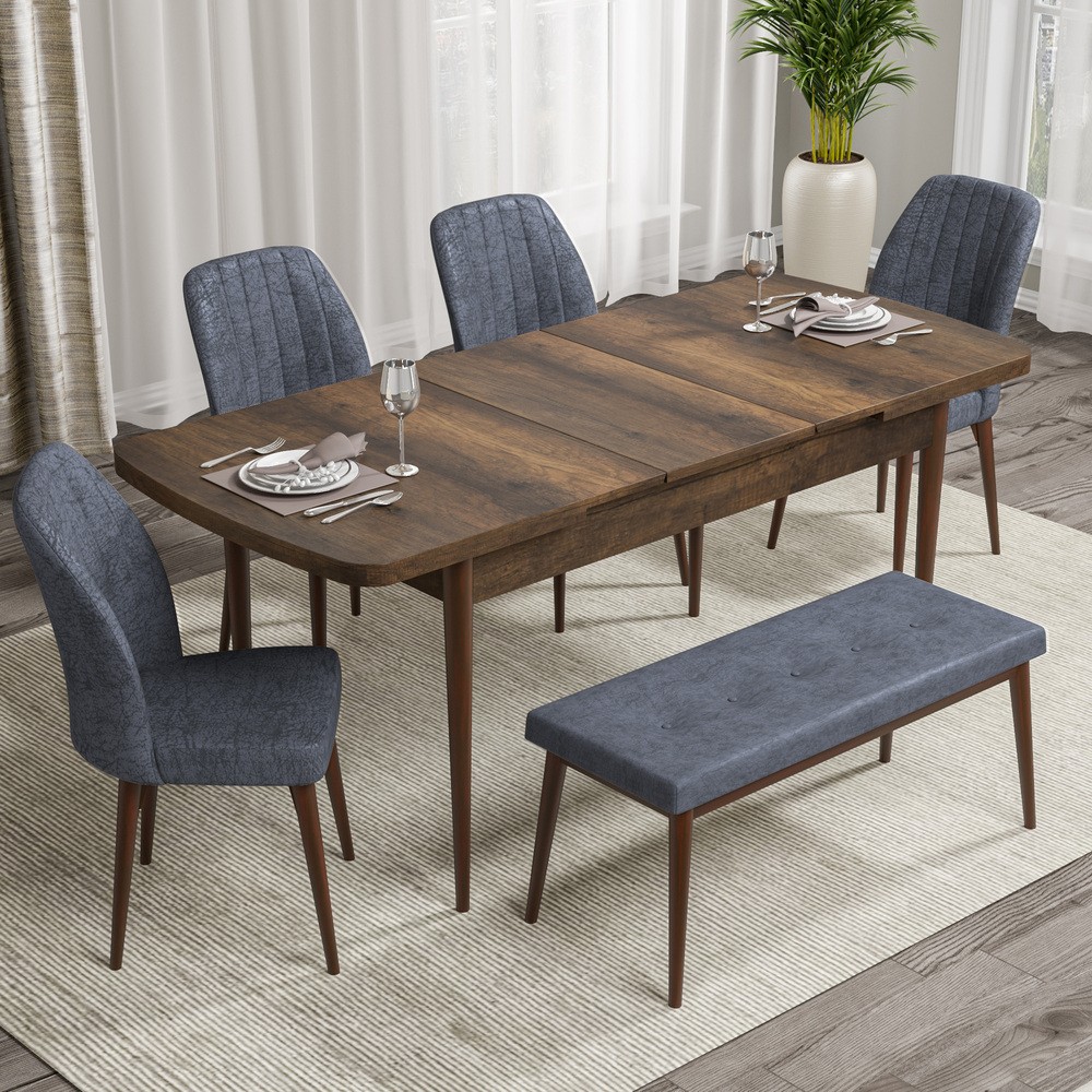 Rio Serisi 80x132 Mdf Açılabilir Barok Ahşap Desen Masa Takımı 4 Sandalye Ve 1 Bench
