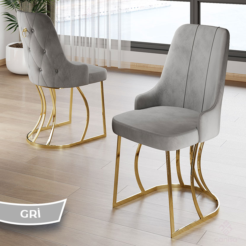 Epal Serisi 90x168 Lak Panel Beyaz Mermer Desen Masa ve 6 Sandalye Gold Kaplama Ayak