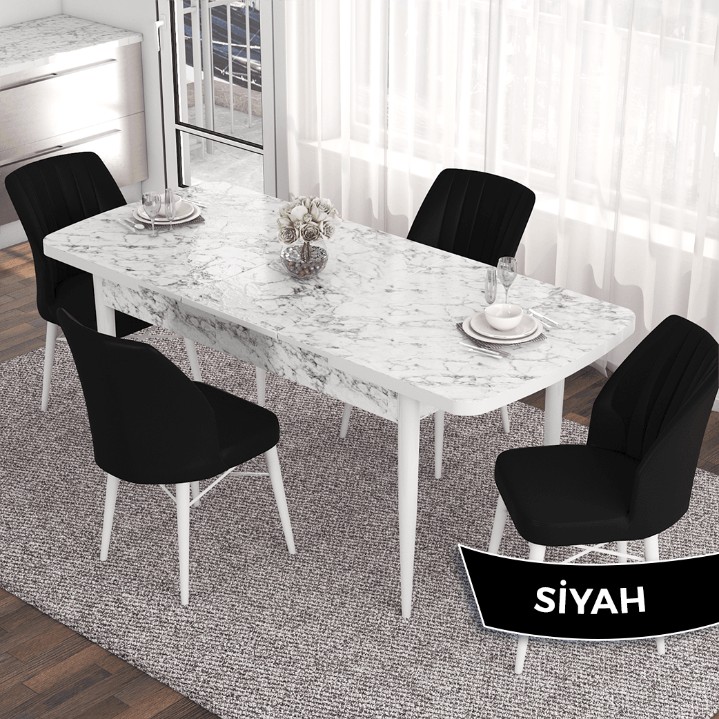 masa beyaz mermer desen sandalye siyah