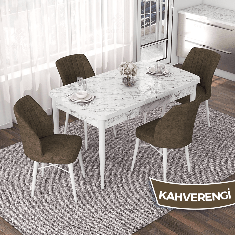 masa beyaz mermer desen sandalye kahverengi