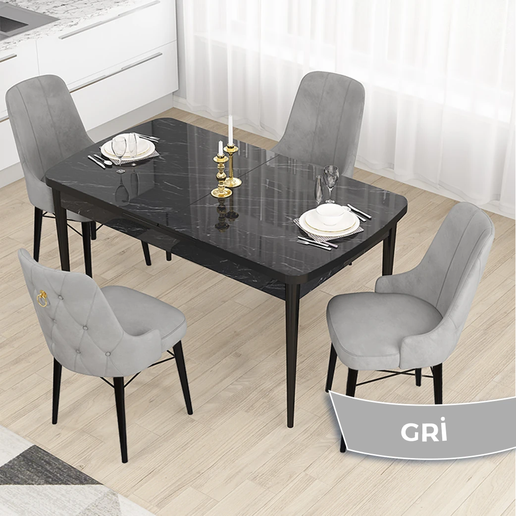 Gri Sandalye Siyah Mermer Desen Masa