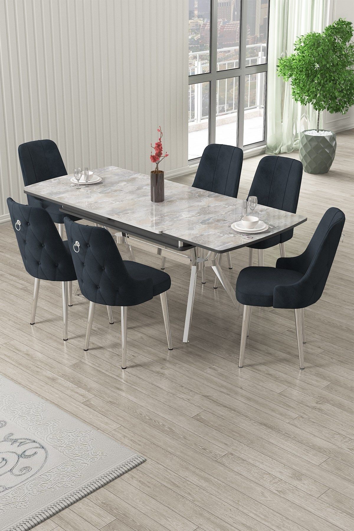 Nis Serisi 89x150 Açılabilir Lak Panel Rampla Gri Masa ve 6 Sandalye Krom Kaplama Ayak
