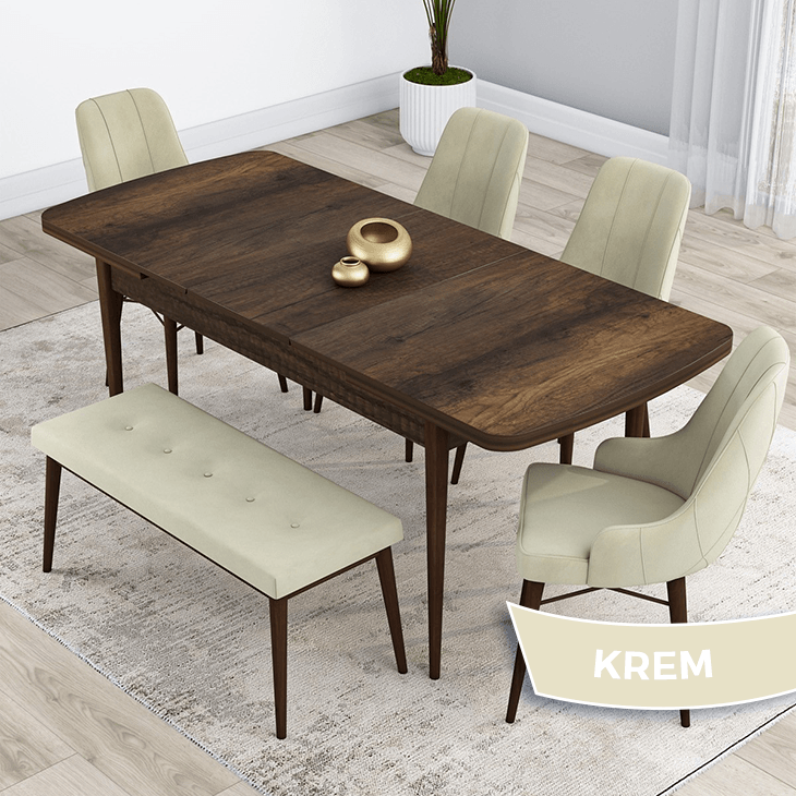 masa barok ahşap desen sandalye ve bench krem