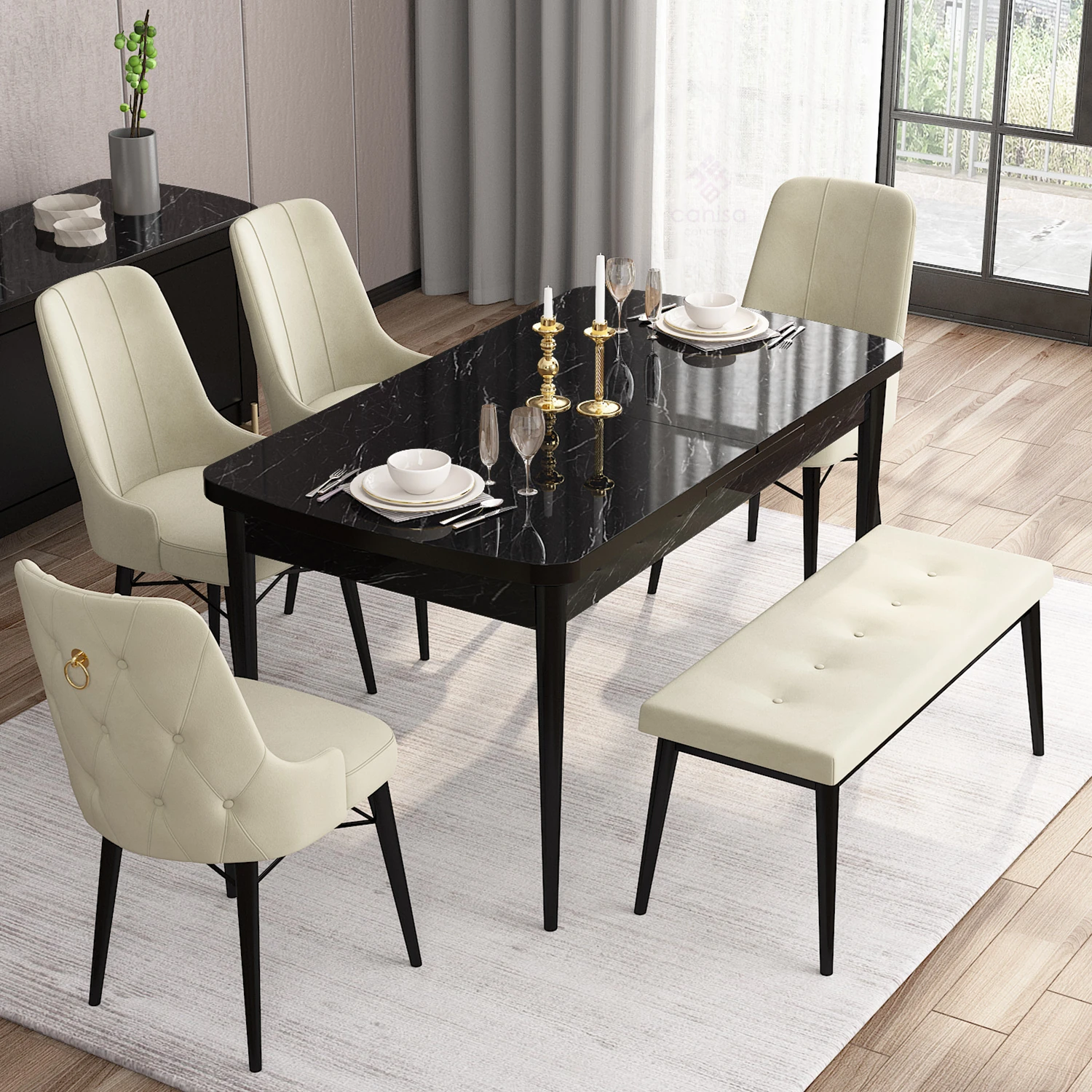 Are Serisi 80x132 Mdf Açılabilir Gold Halka Siyah Mermer Desen Masa Takımı 4 Sandalye Ve 1 Bench