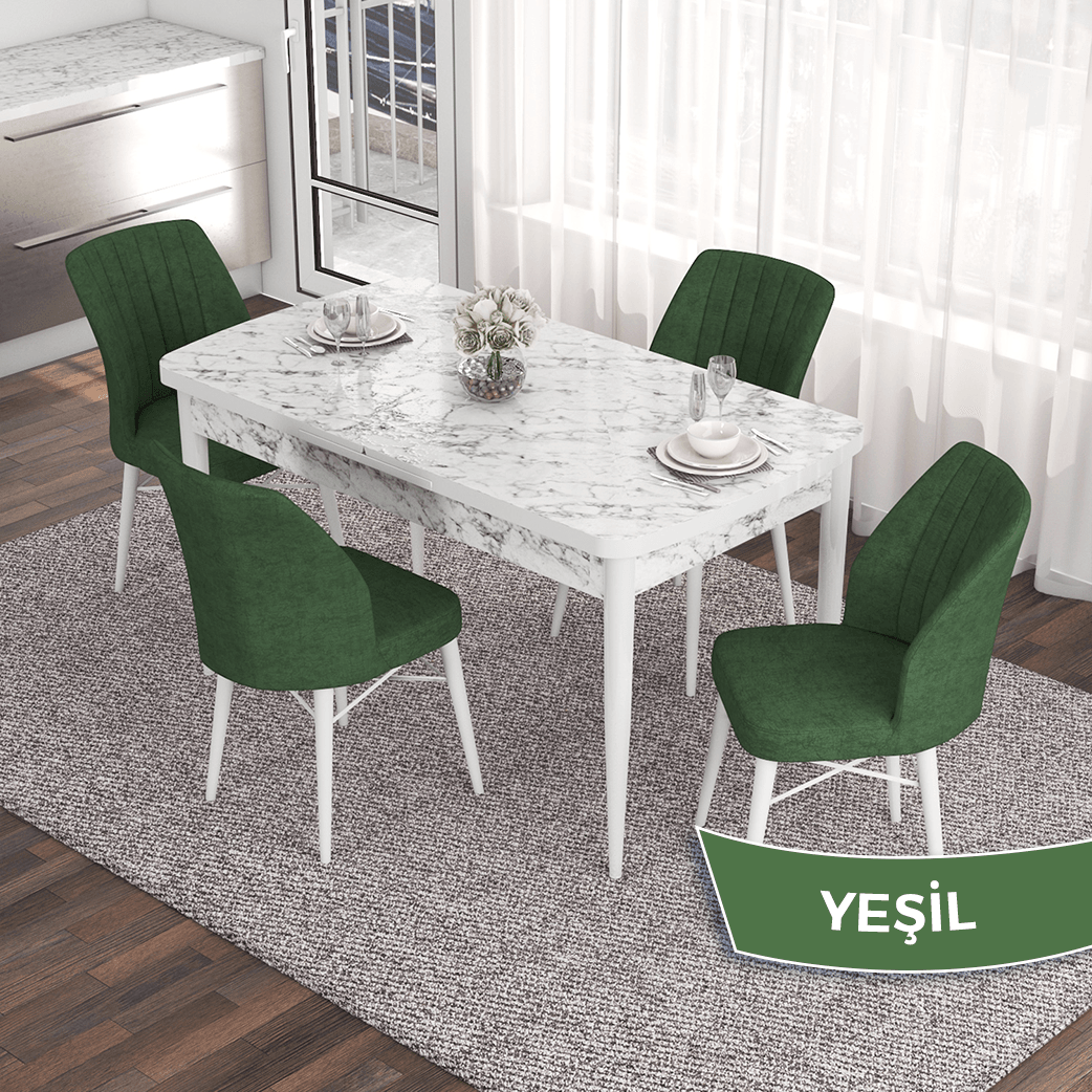 Eva Serisi 80x132 Açılabilir Mdf Beyaz Mermer Desen Masa Takımı Ve 4 Sandalye