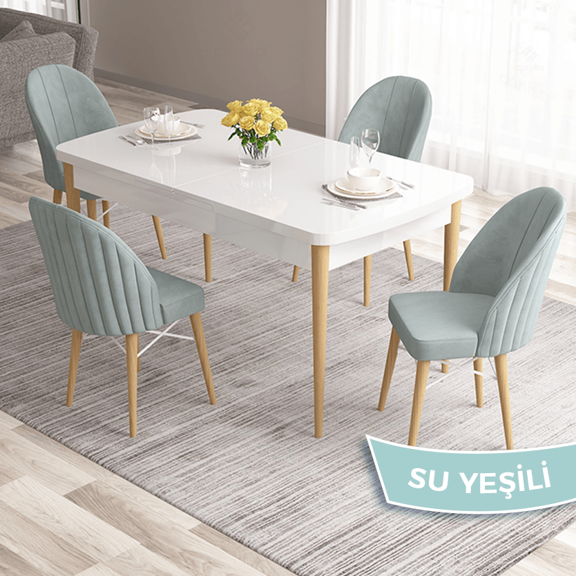 Ves Serisi 80x132 Açılabilir Mdf Beyaz Masa Doğal Ahşap Ayak Masa Takımı Ve 4 Sandalye