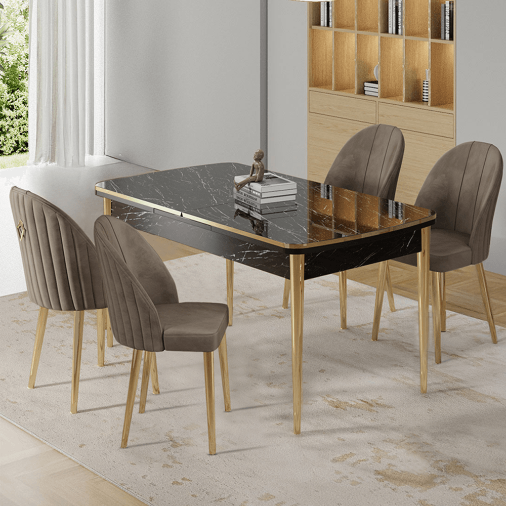Siyah Mermer Desen Masa Cappucino  Sandalye Gold Detay