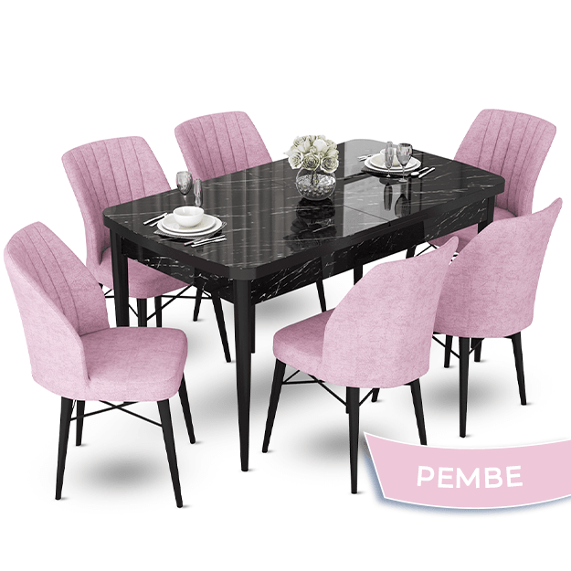 Siyah Mermer Desen Masa Pembe Sandalye