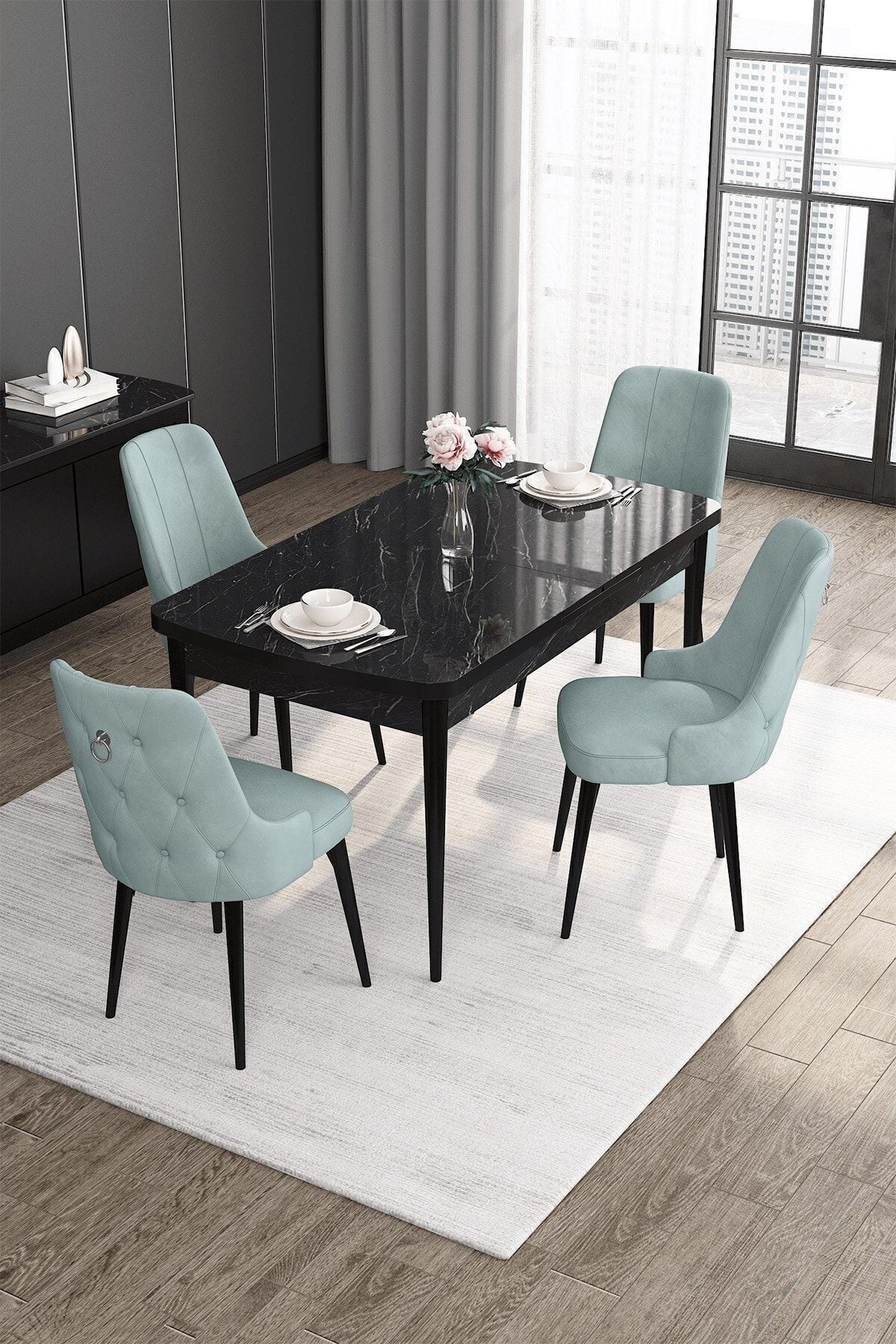 Noa Serisi 80x132 Mdf Açılabilir Gümüş Halka Siyah Mermer Desen Masa Takımı Ve 4 Sandalye