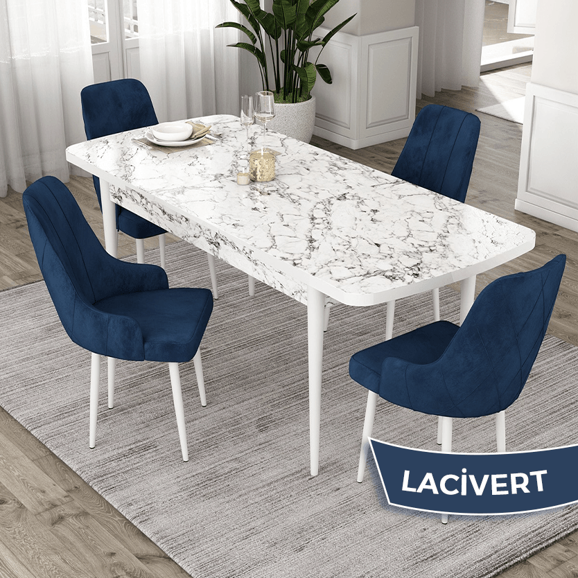 Masa Beyaz Mermer Desen Sandalye lacivert