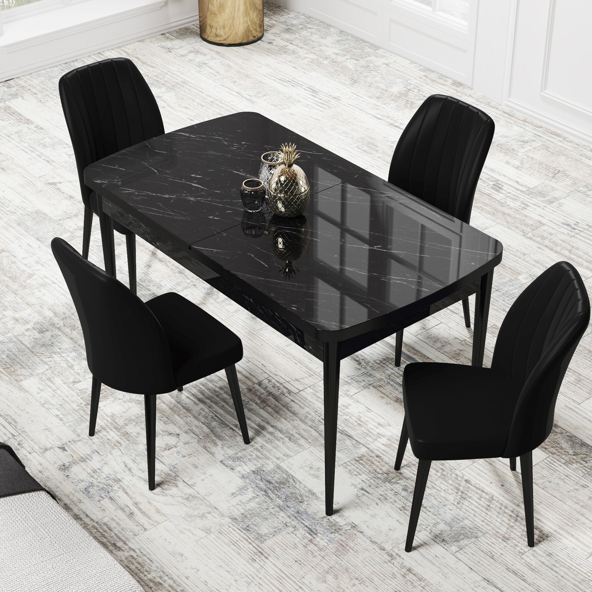 Par Serisi 70x114 Açılabilir Mdf Siyah Mermer Desen Masa Takımı ve 4 Sandalye