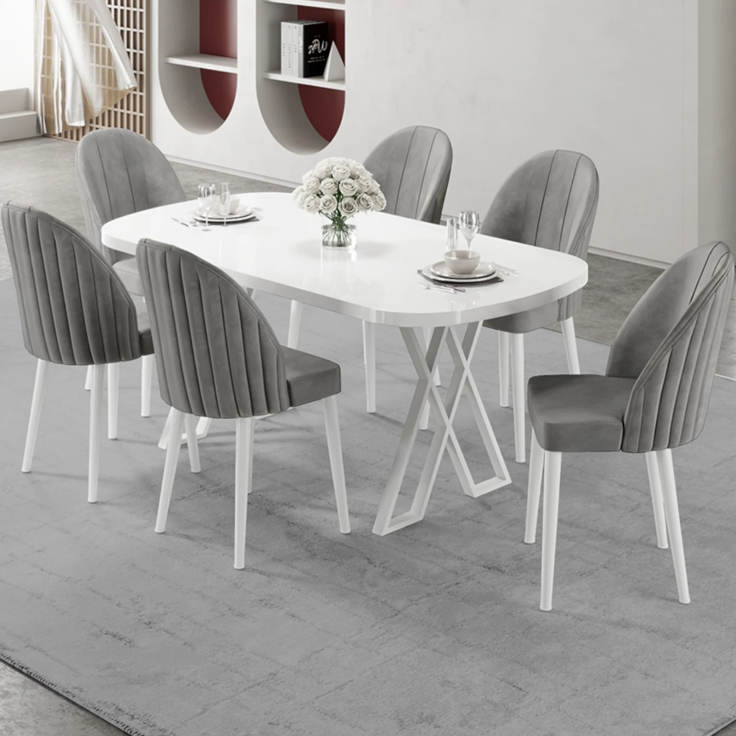 Beyaz Masa Gri Sandalye