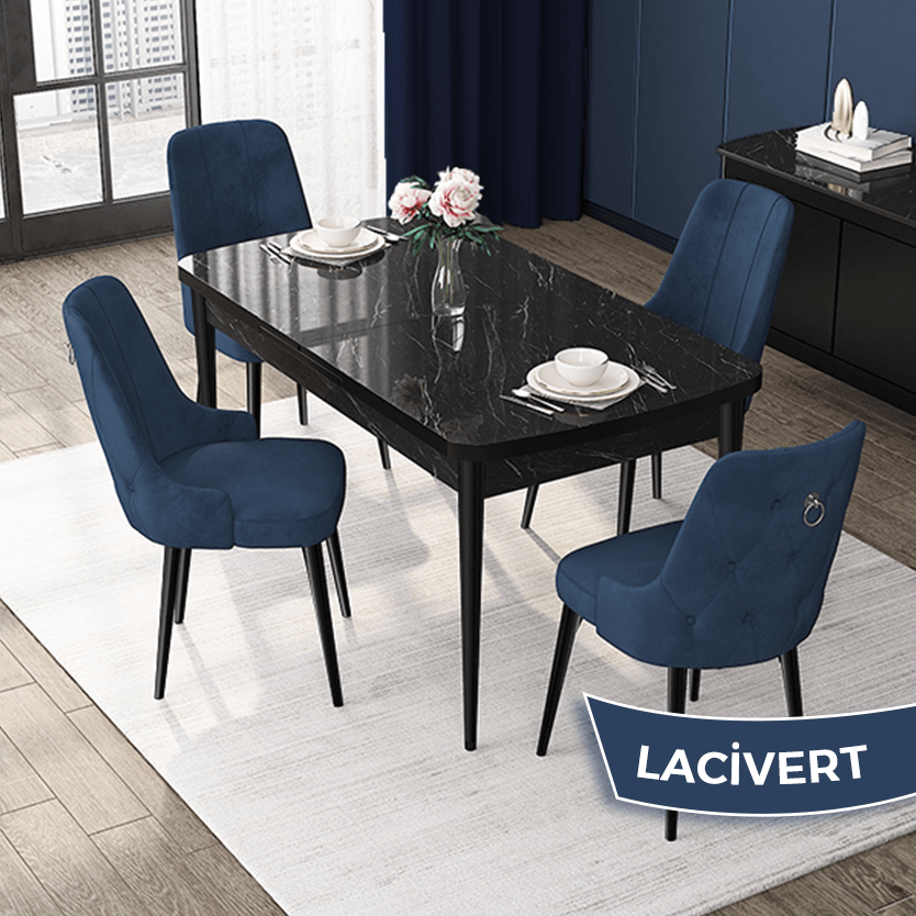 Lacivert Sandalye Siyah Mermer Desen Masa