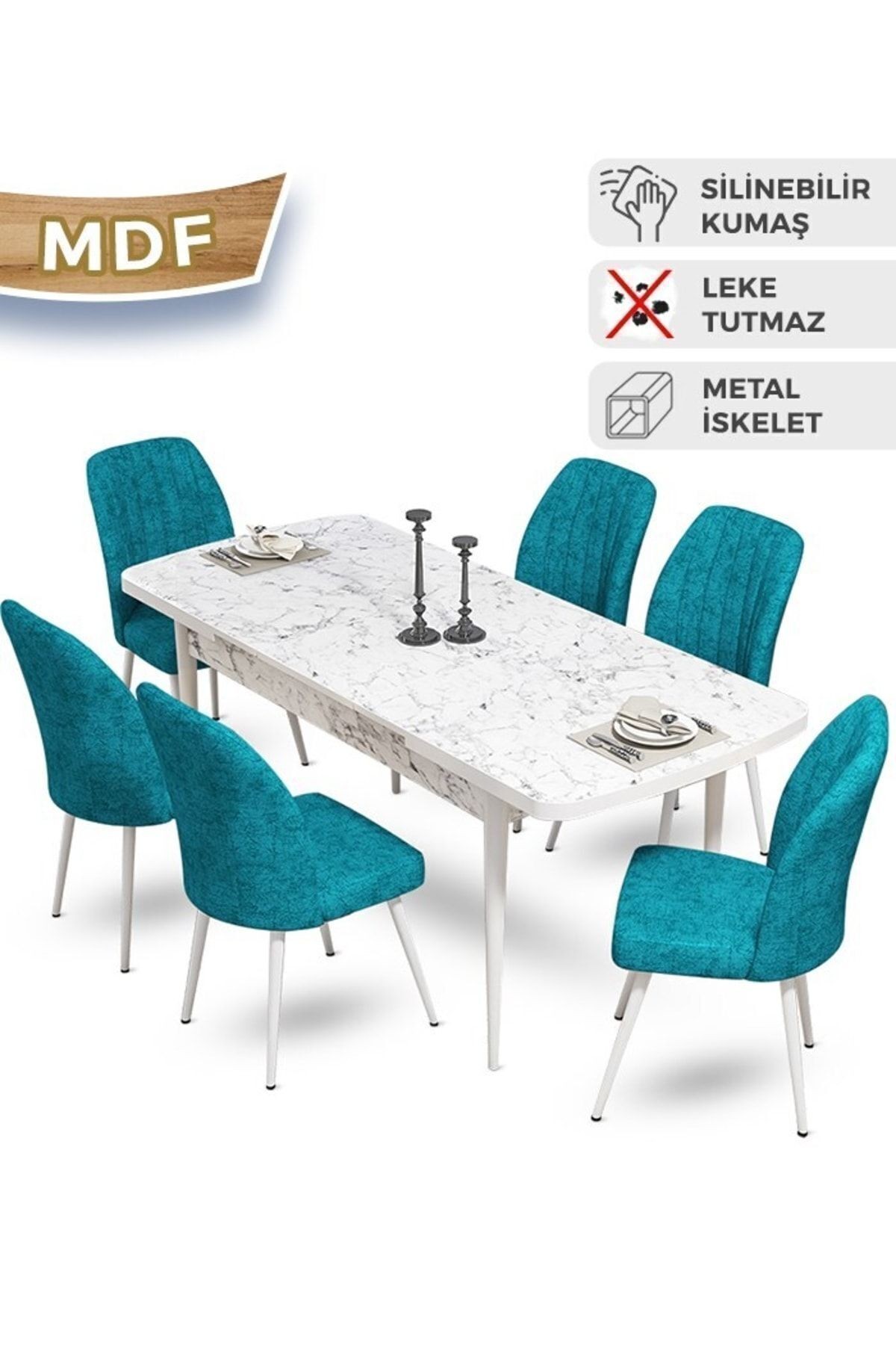 Mun Serisi 80x132 Açılabilir Mdf Beyaz Mermer Desen Masa Takımı Ve 6 Sandalye