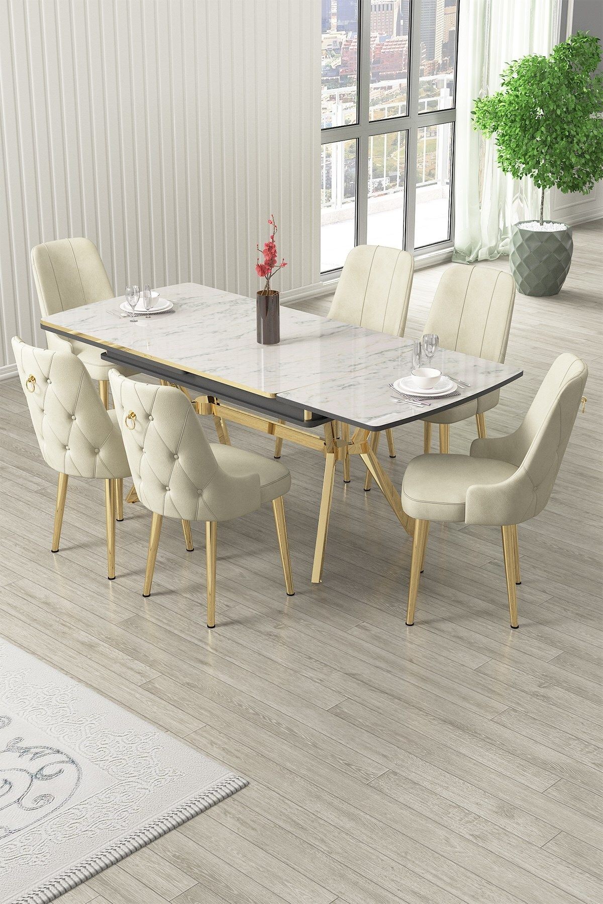 Nis Serisi 89x150 Açılabilir Lak Panel Beyaz Mermer Desen Masa ve 6 Sandalye Krom Kaplama Ayak