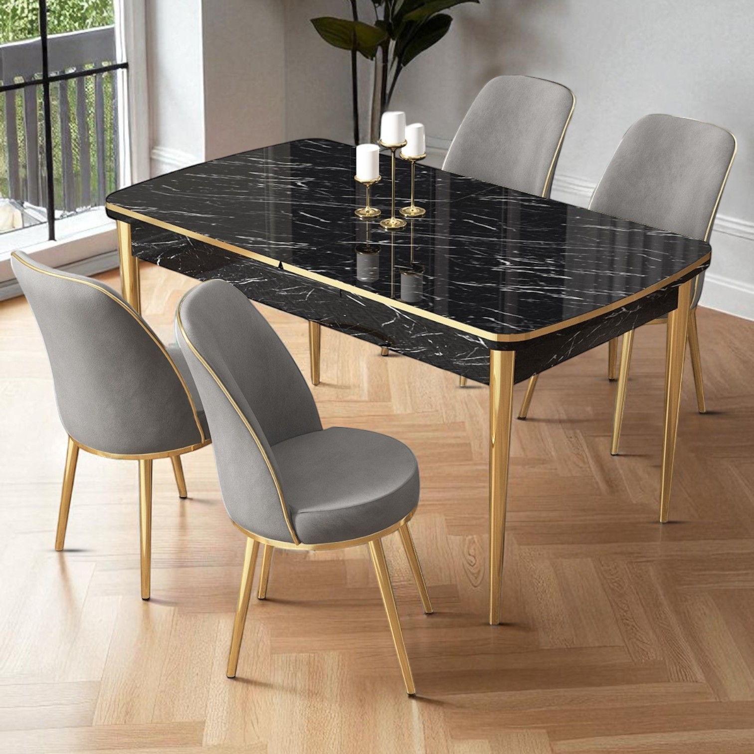 Nira Serisi 70x114 Mdf Siyah Mermer Desen Mutfak Masa Takımı 4 Sandalye Gold Detay