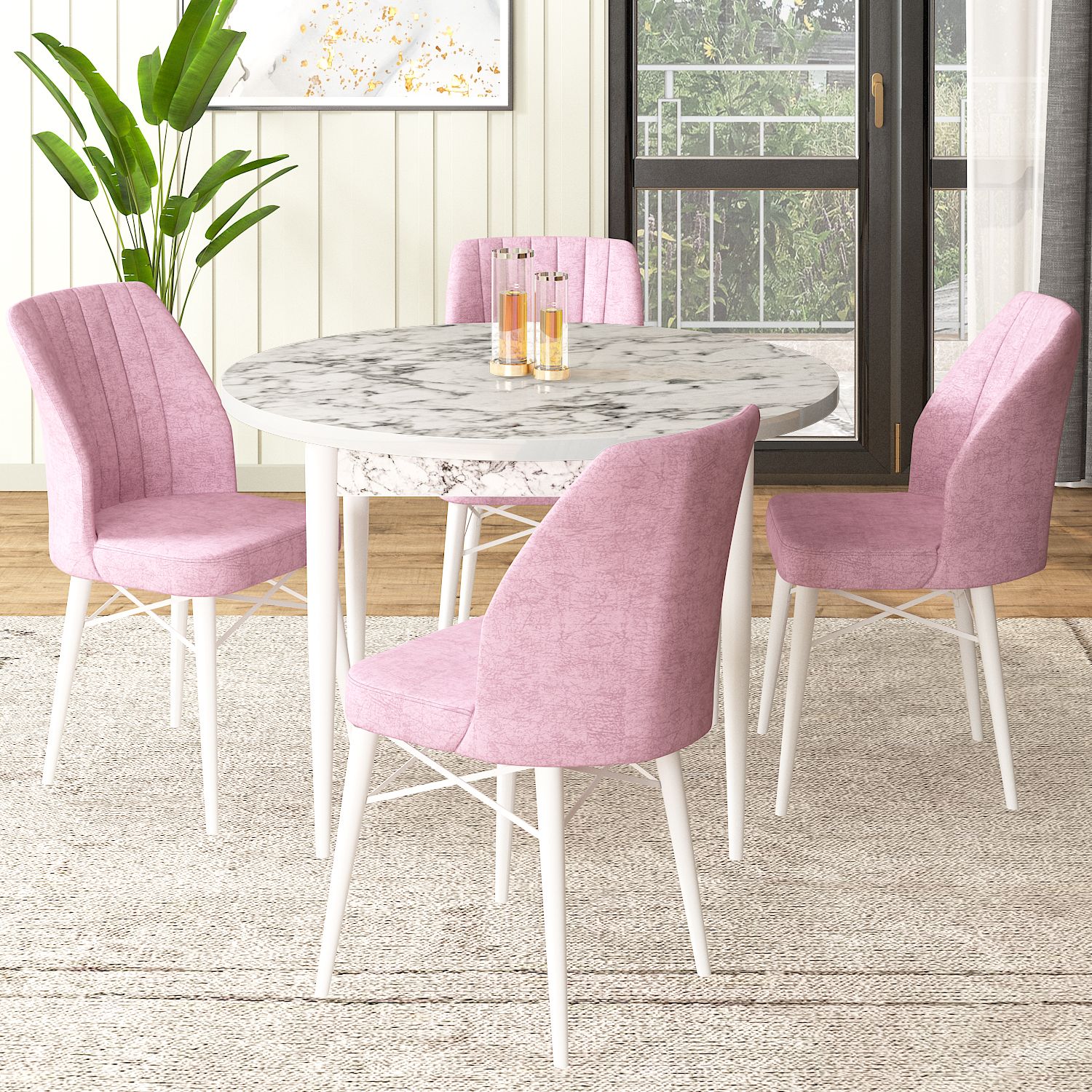 masa beyaz mermer desen sandalyeler pembe