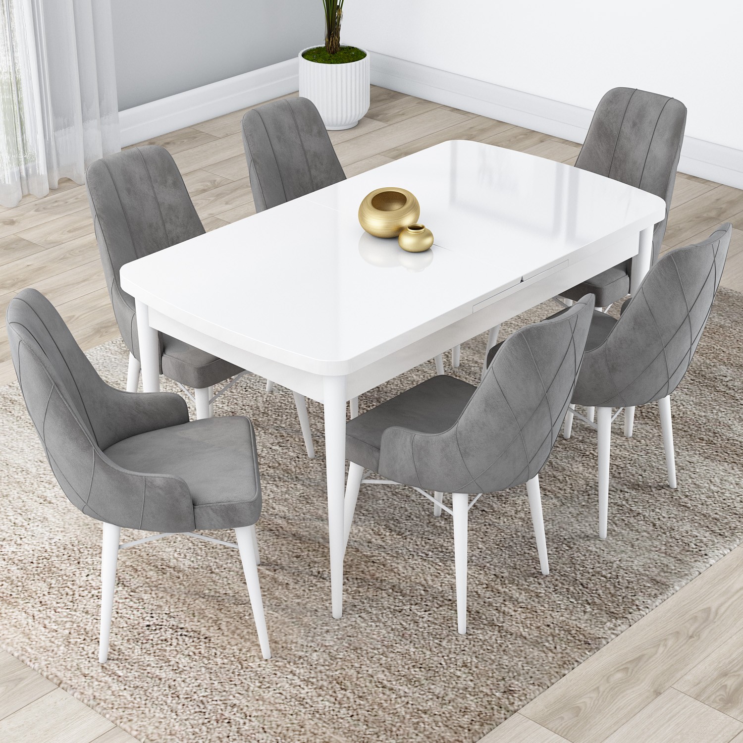 Lia Serisi 80x132 Açılabilir Beyaz Masa Takımı ve 6 Sandalye