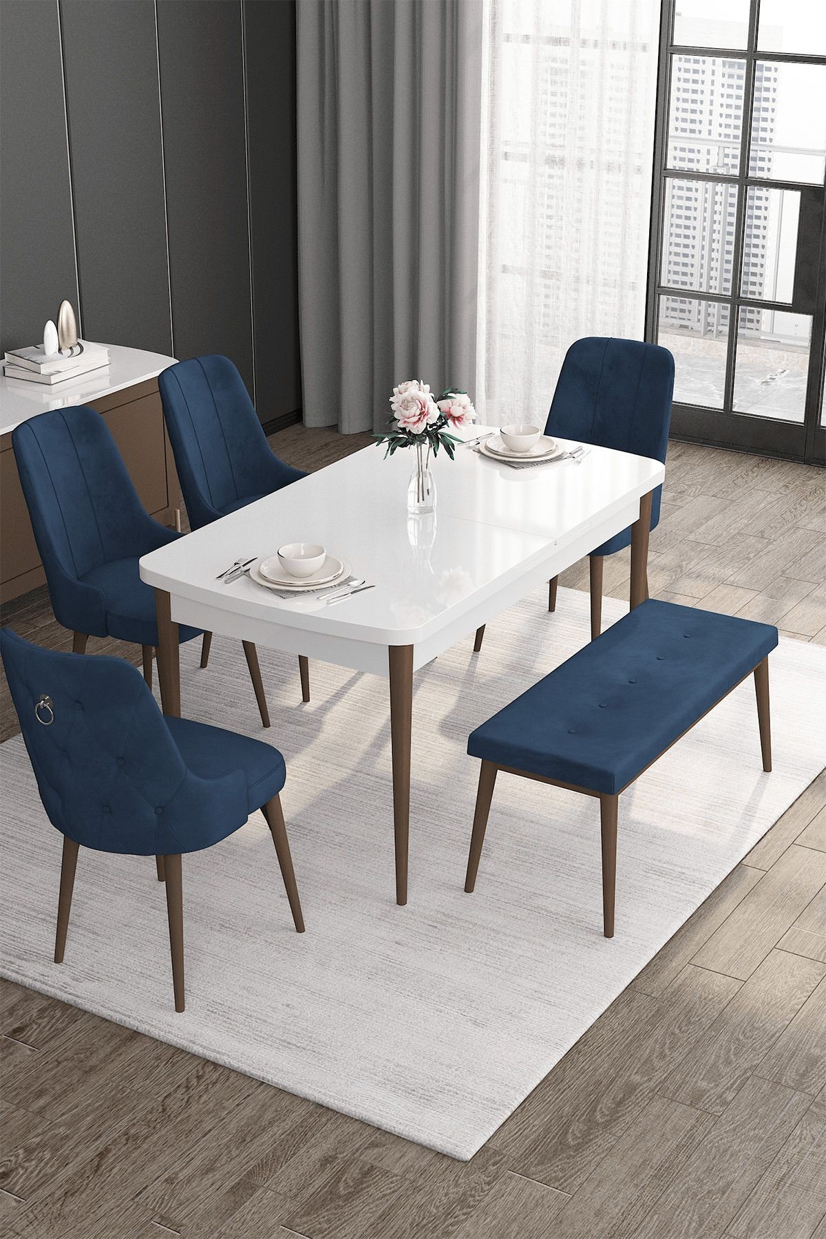 Noa Serisi 80x132 Mdf Açılabilir Gümüş Halka Beyaz Masa Ceviz Ayak Masa Takımı Ve 4 Sandalye Ve 1 Bench