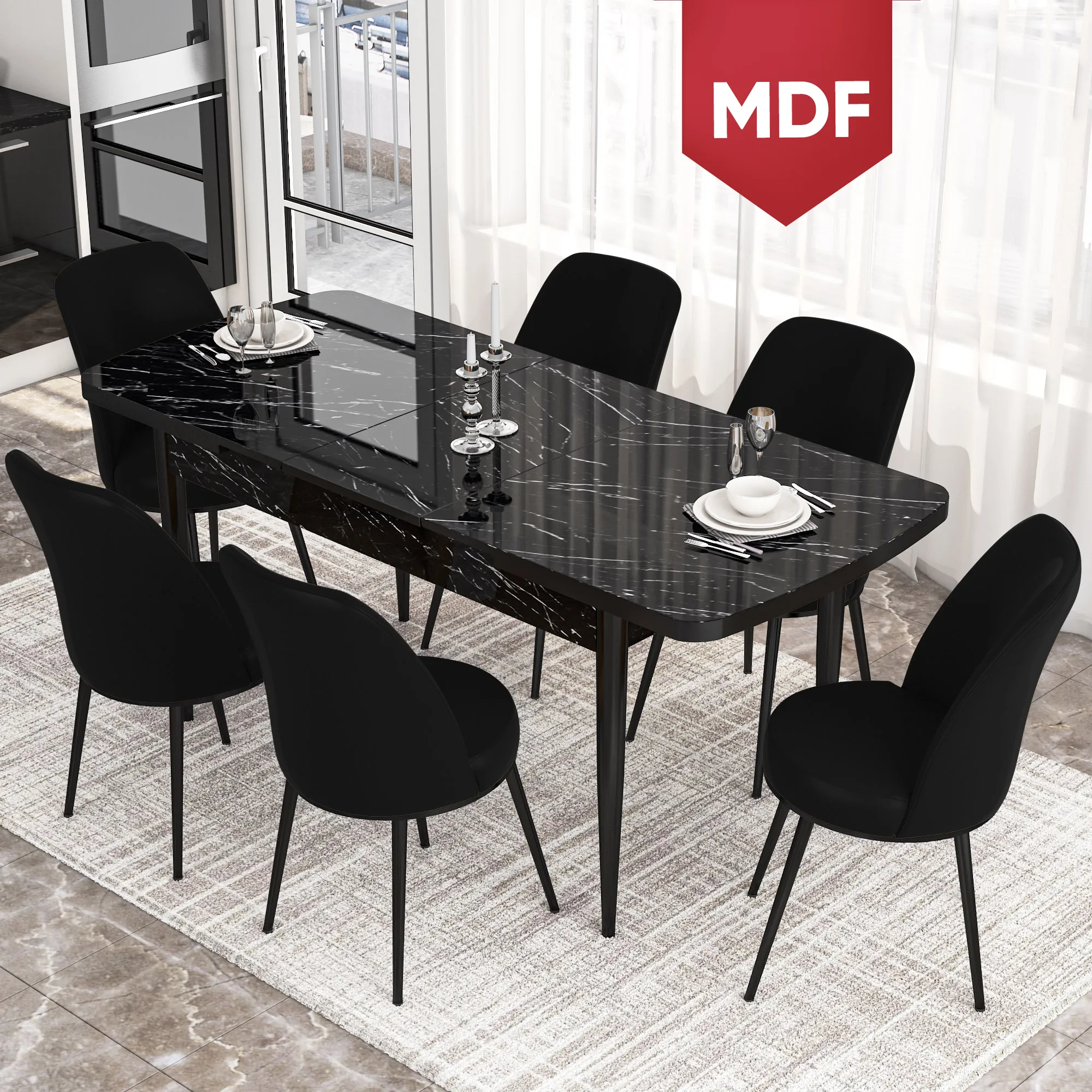 Kor Serisi 70x114 Açılabilir MDF Siyah Mermer Desen Mutfak Masası