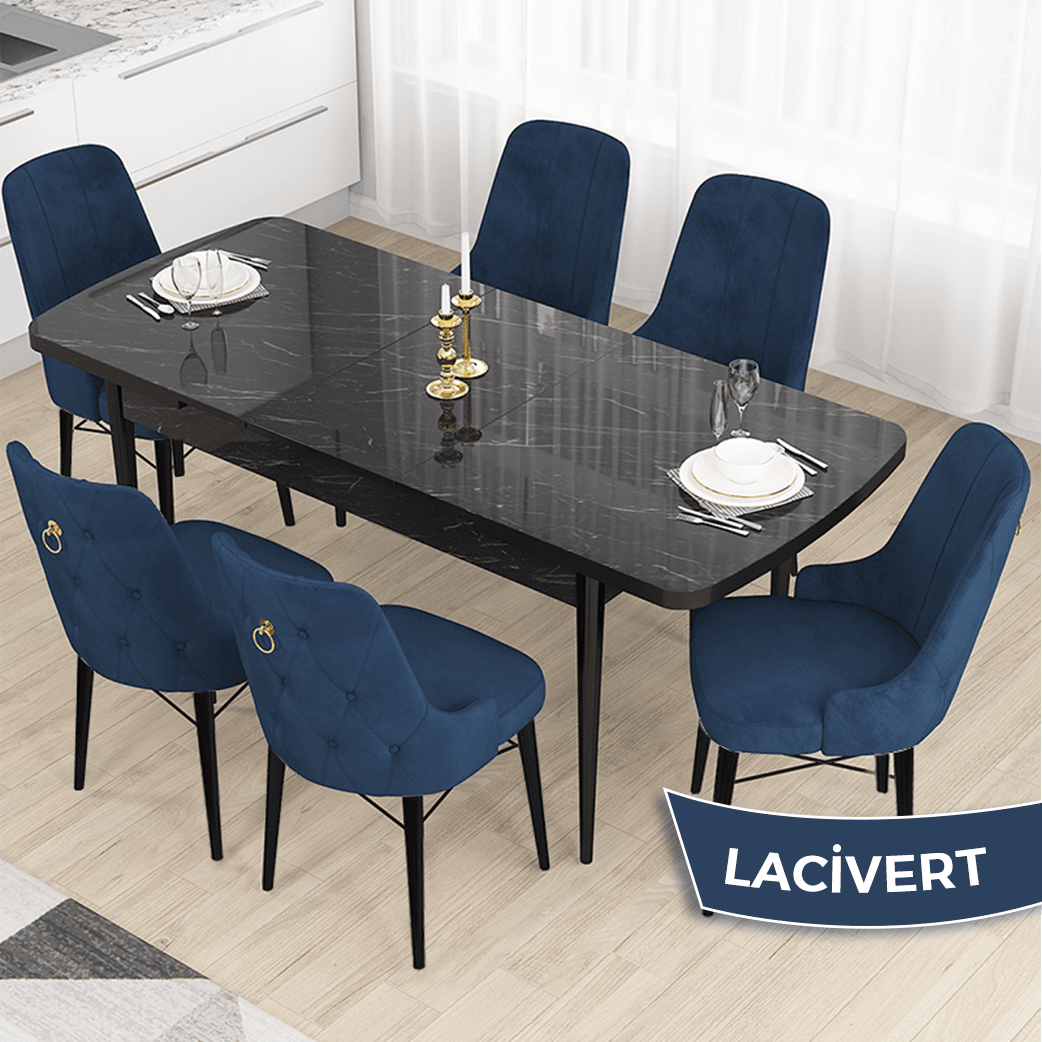Lacivert Sandalye Siyah Mermer Desen Masa