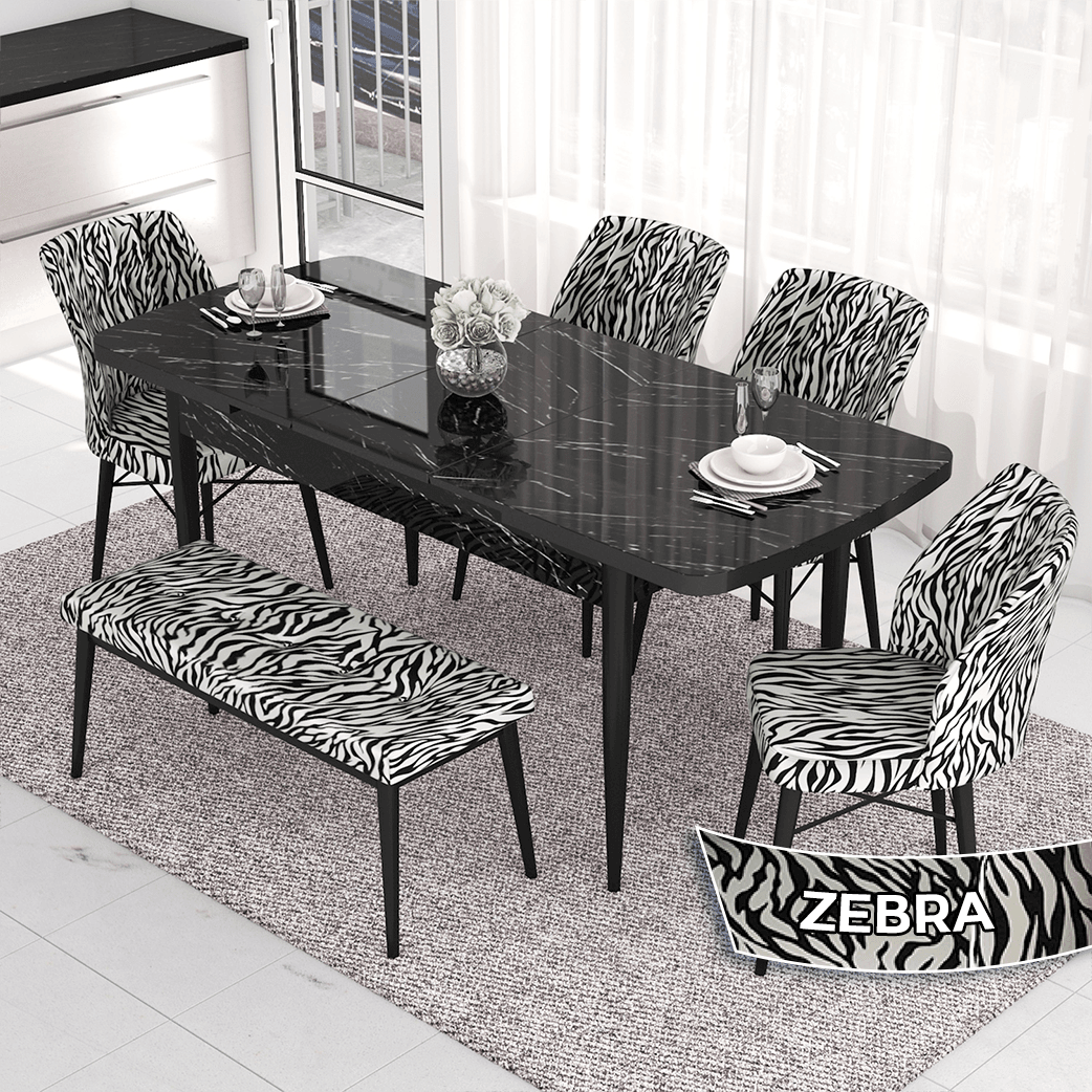 masa siyah mermer desen sandalyeler ve bench zebra