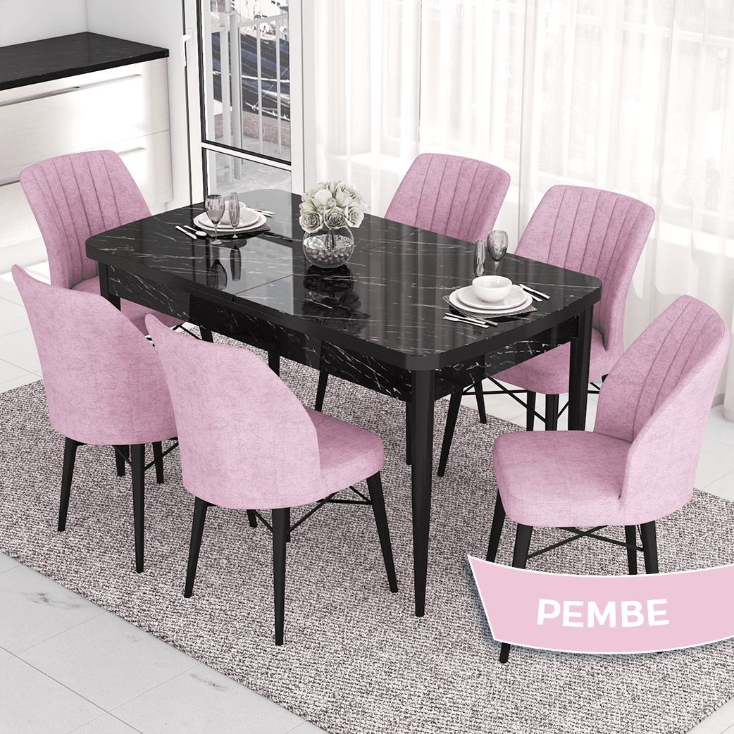 Masa Siyah Mermer Desen Sandalye Pembe