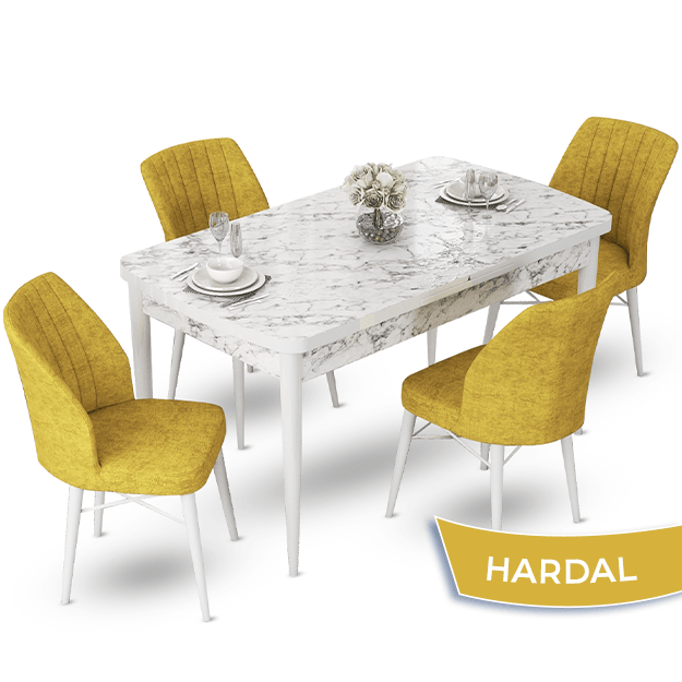 masa beyaz sandalyeler hardal sarısı