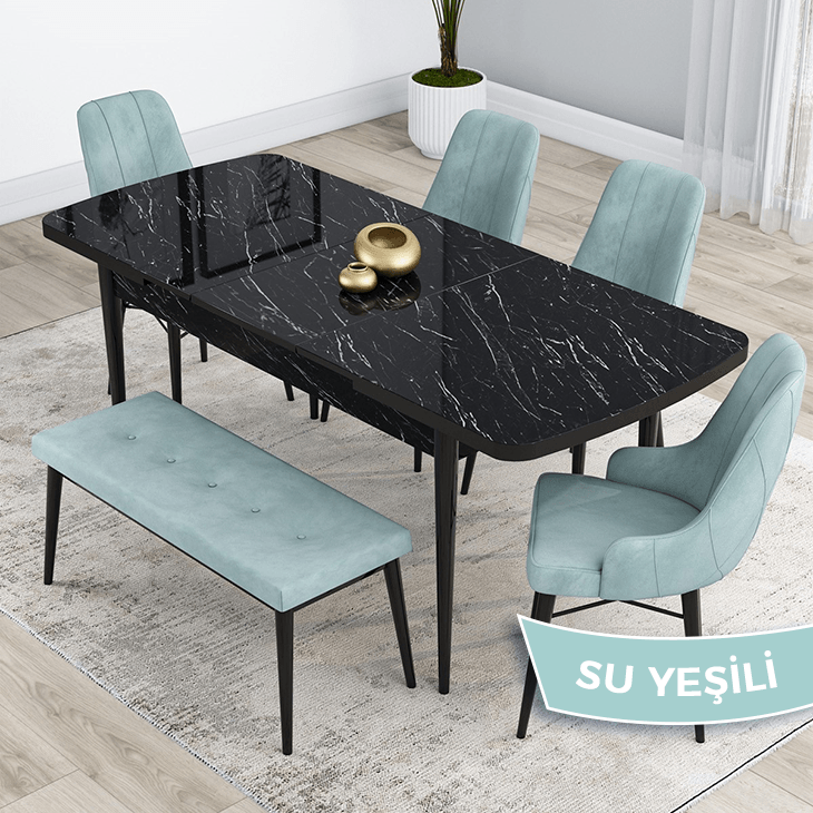 Sandalye Su Yeşili Siyah Mermer Desen Masa