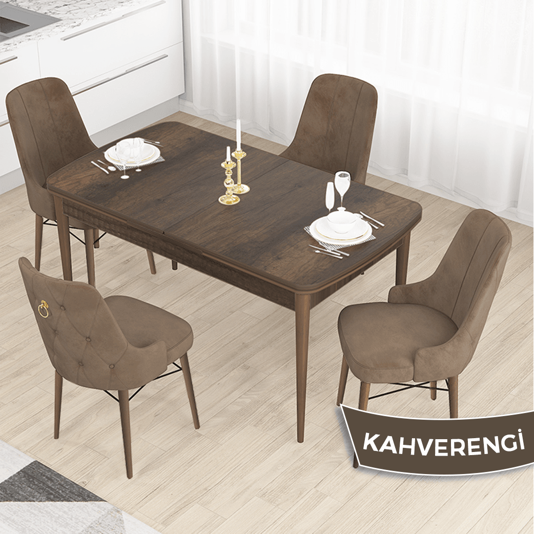 Kahverengi Sandalye Barok Ahşap Desen Masa