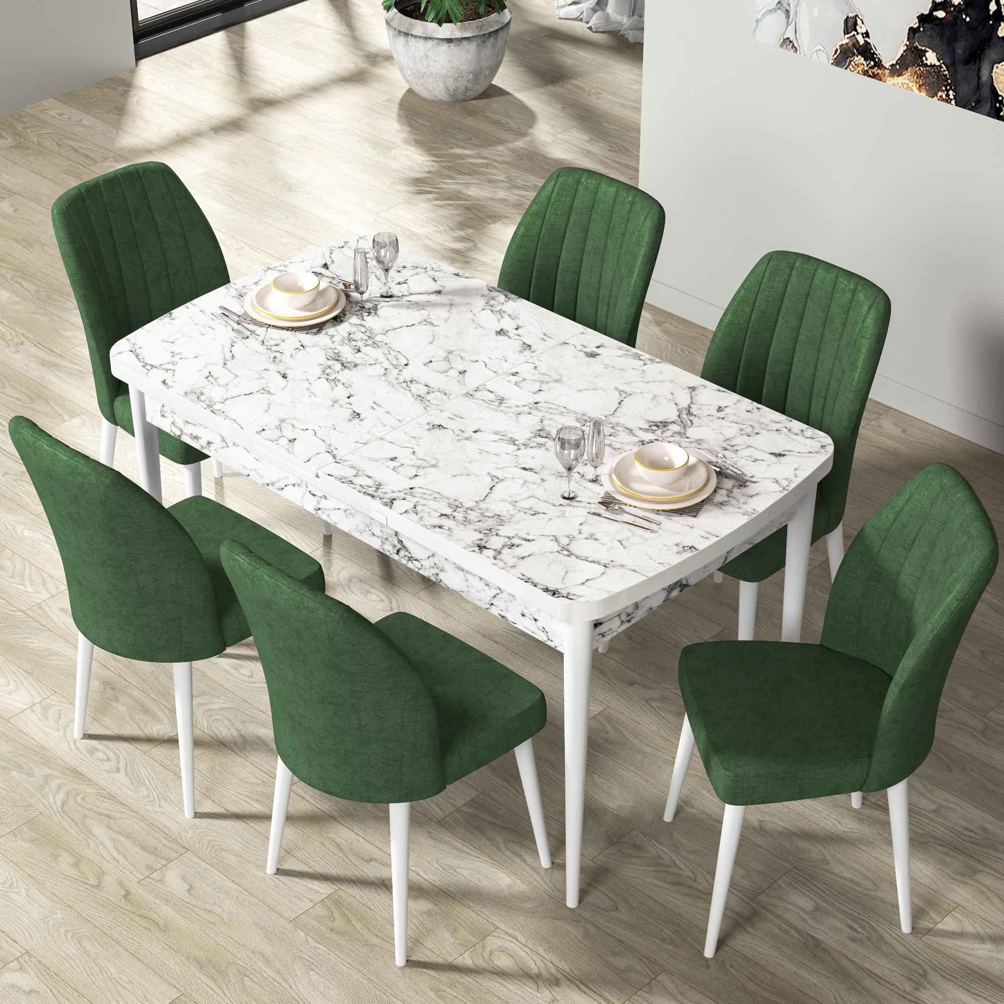 Par Serisi 70x114 Açılabilir Mdf Beyaz Mermer Desen Masa Takımı ve 6 Sandalye