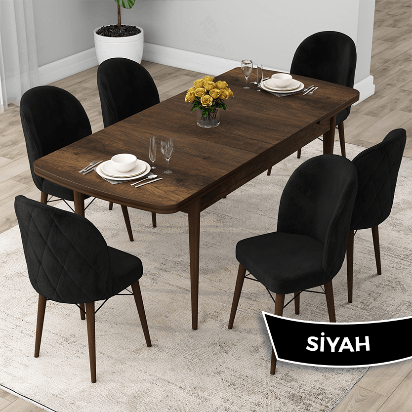 Siyah Sandalye Barok Ahşap Desen Masa