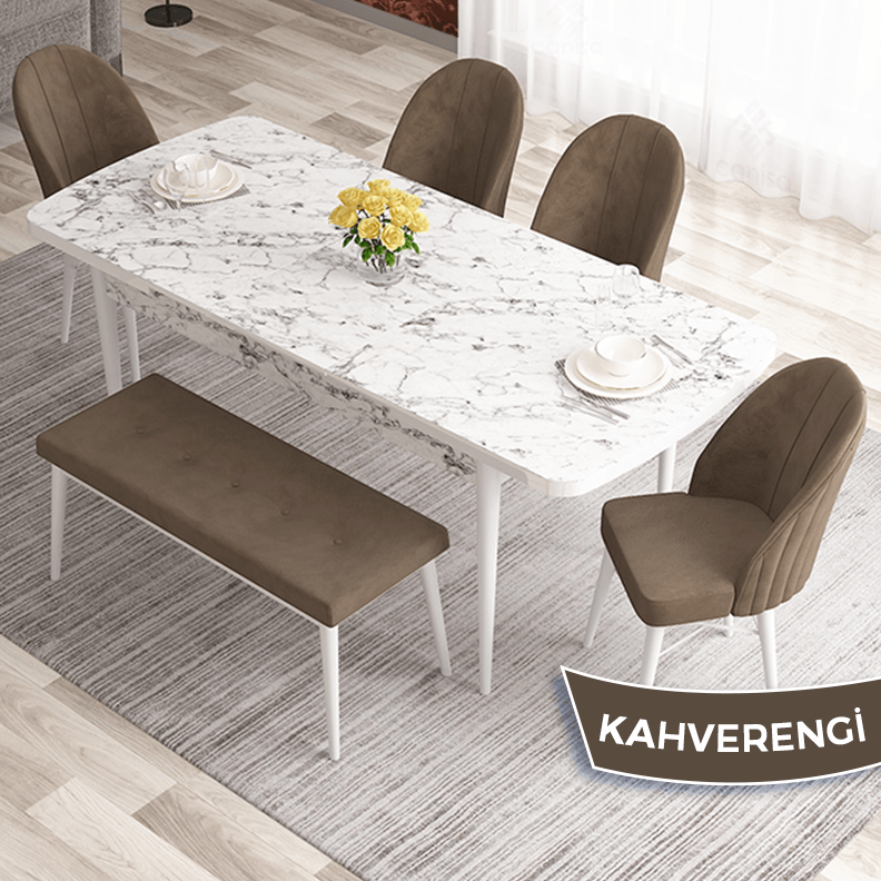 masa beyaz sandalyeler ve bench kahve