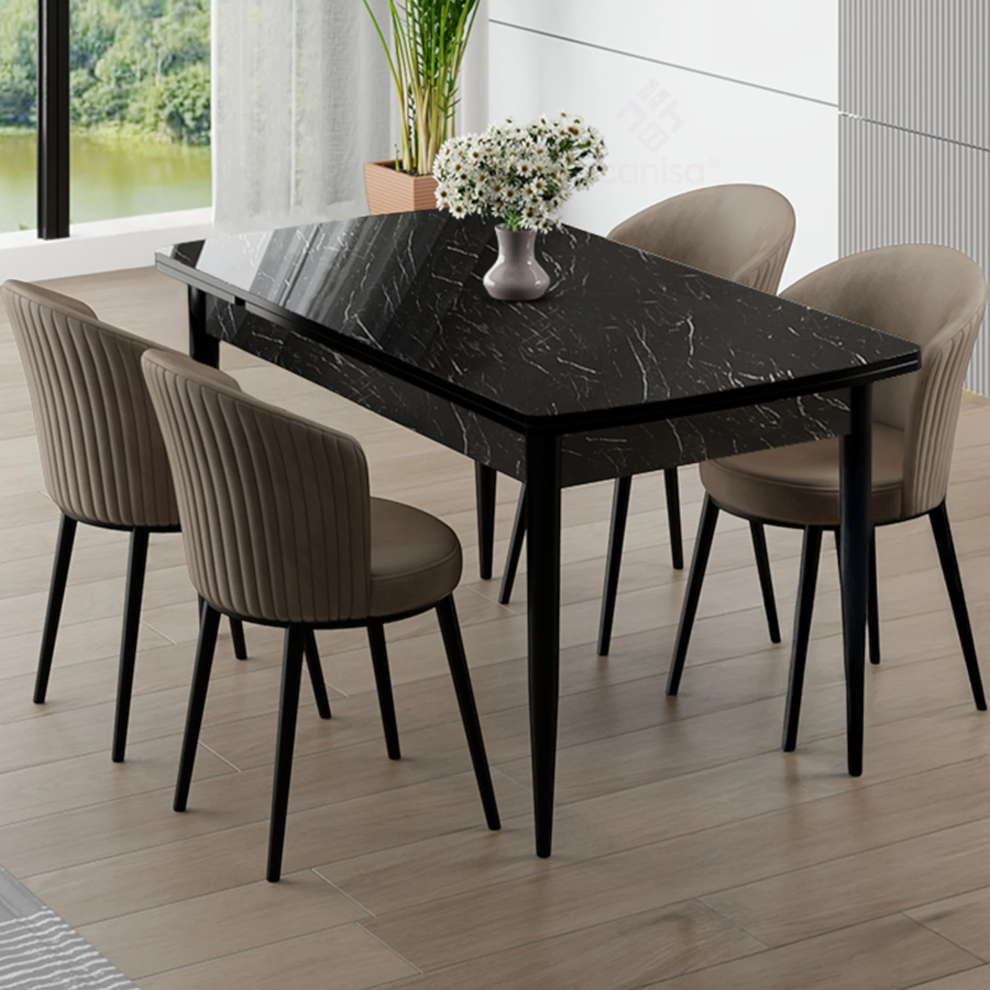 Siyah Mermer Desen Masa Cappucino Sandalye